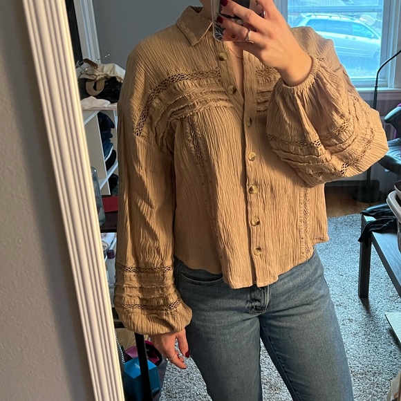 Free People Boho Button Down Long Sleeve Blouse Tan XS - Picture 9 of 9